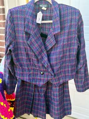 Vintage 90s Wrapper Purple Plaid Tweed Cropped Blazer and Shorts Set